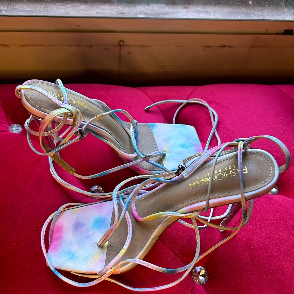 Fashion Nova Blue and Pink Strappy Heels